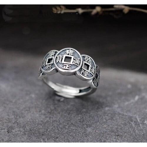Wufu Copper Coin Lucky Coin Opening Adjustable Ring Vintage Copper Money Ring Men And Women Good Luck Hollow Ring Birthday Gift