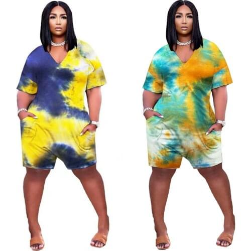 5 XL Plus Size Womens Clothing Sexy V Neck Fashion Tie Dye Printing Personalized Pocket Loose Casual Short Jumpsuit Summer