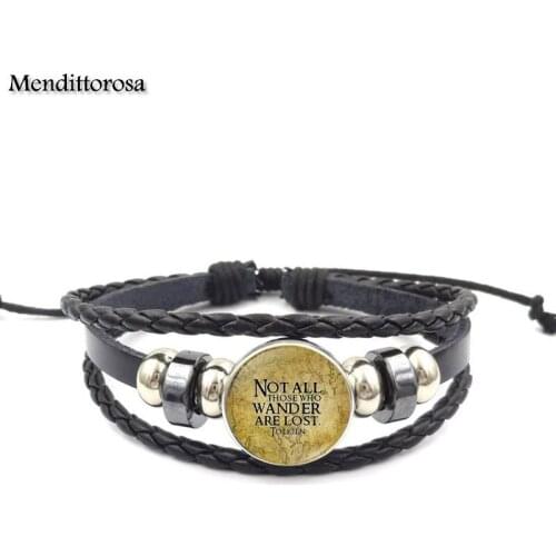 Mendittorosa Not all those who wander are lost Christmas Jewelry Glass Cabochon Black Leather Bracelet Bangle For Wedding