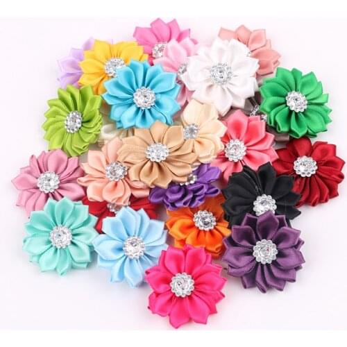 Nishine 60pcs/lot 1.6" Satin Ribbon Multilayers Fabric Flowers with Acrylic Button for Headbands Hairpins DIY Hair Accessories