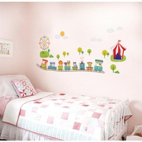 Cartoon Animals Train Wall Decals Kids Bedroom Decorative Stickers Baby Gift Nursery Safari Mural Art Decals Monkey Lion Rabbit