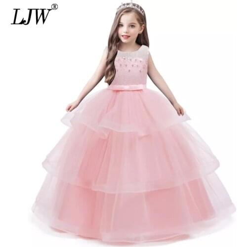 New Princess Lace Dress Kids Beading Flower Girls Dress For Girls Vintage Children Dresses For Wedding Party Formal Ball Gown