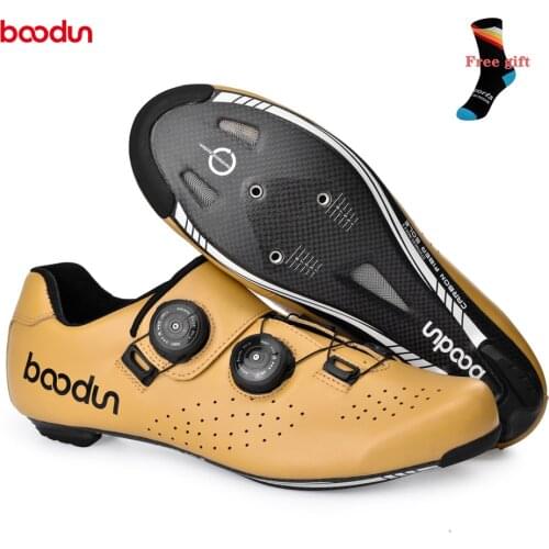 BOODUN new Men Women Genuine Leather Road Cycling Shoes Road Bike Carbon Sole Ultralight Breathable Yellow Bicycle Racing Shoes