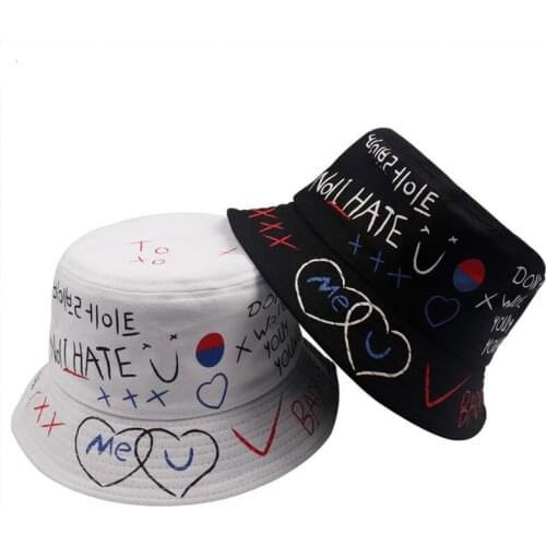 New Korean Summer Harajuku Casual Bucket Hats Men Women Unisex Couple Hip Hop Letter Printed Cotton Panama Fishing Caps