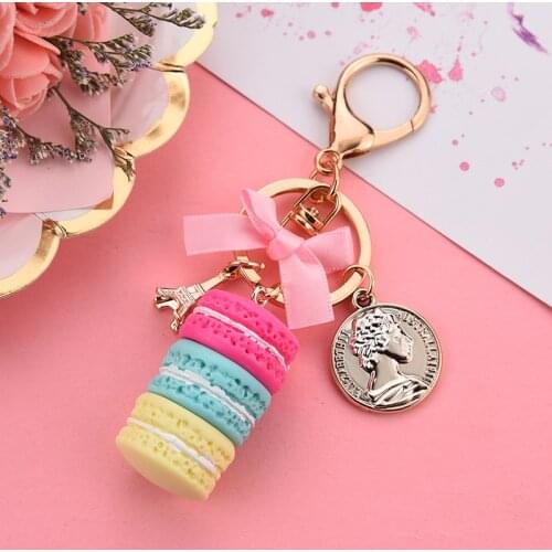Resin Macaron Tower Keychains Lovely Macaroon Key Chains Bag Charm Pink Bow Gold Tower Metal Keyring Car Key Holder Girl Gift