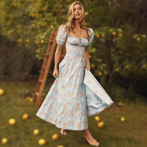 Stylish And Sexy Small Floral Bubble Sleeve Bow Tie High Slit Skirt