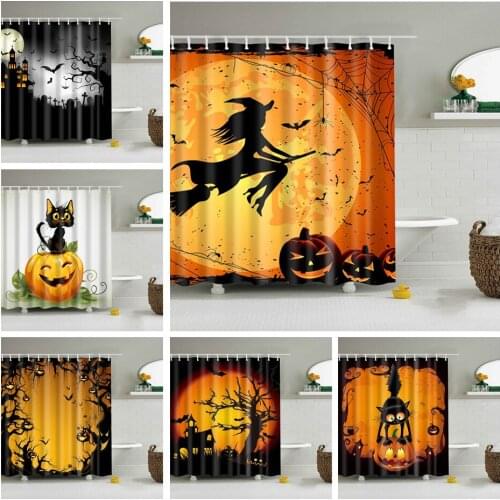 Halloween Shower Curtain Waterproof Polyester Fabric Pumpkin Wizard Cartoon Bathroom Curtain with Hooks Party DIY Home Decor