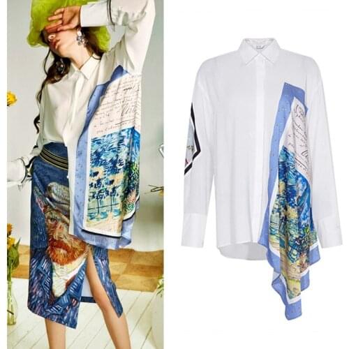 Runway designer ladies retro long oversized blouse shirt oil painting print bouquet waist high quality blouse shirt NS992