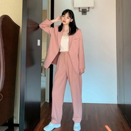 Women’s Pink Two Pieces Set Office Lady Work Blazer Jacket and Long Blazer Pant Korean Style Autumn trajes de las mujeres