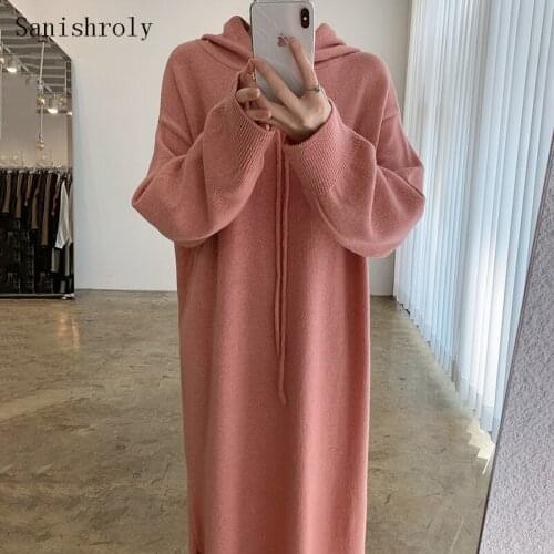 Korea Chic Long Hooded Sweater Dress 2021 Autumn Women Casual Loose Split Knitted Dress Female Long Sleeve Maxi Pullover Dresses