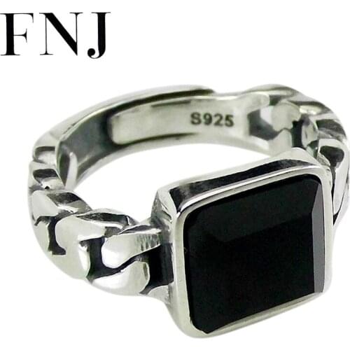 FNJ Black Agate Ring 925 Silver New Original S925 Sterling Silver Rings for Women Jewelry Adjustable Size Round Square Stone