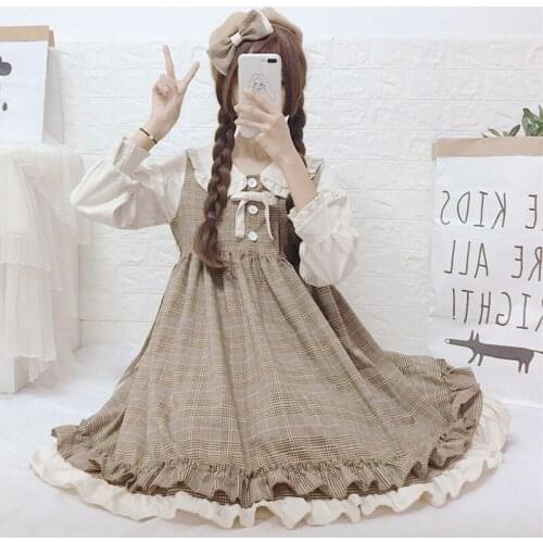 New Japanese Lolita Style Spring Women Dress Peter Pan Collar Gray Brown Plaid Bow Dress Cute Kawaii Ruffles Sweet Dress HB491