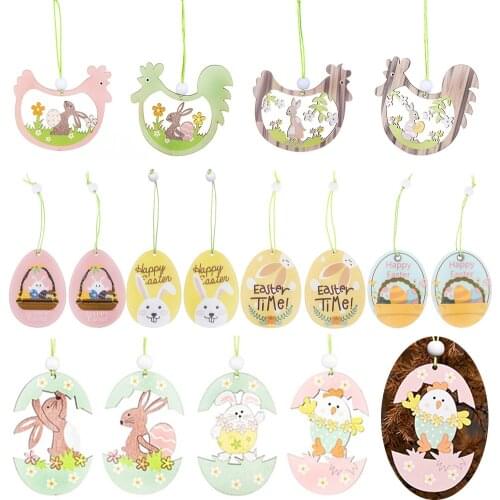 2PCS Wooden Easter Rabbit Hanging Ornament Happy Easter Bunny Chiken Egg DIY Craft Kids Gift Home Decoration Party Supplies