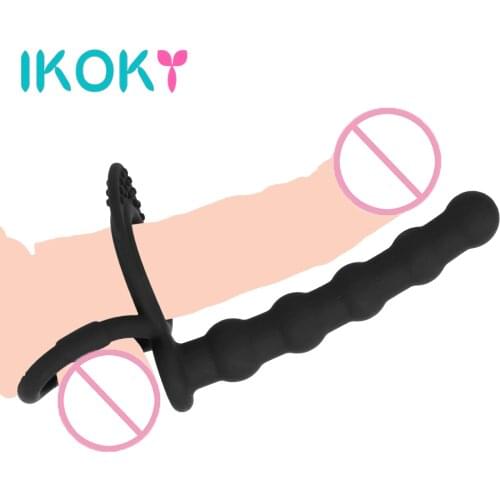 IKOKY Wearing Anal Plug Prostate Massage Cock Ring Five-bead Butt Plug Silicone Anal Sex Toys for Men Couples Adult Product