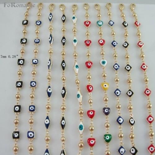 NEW 7g 8" 7MM WIDTH LADY YELLOW GOLD OVERLAY EVIL EYE ENAMEL HEART SQUARE SHAPE BRACELET