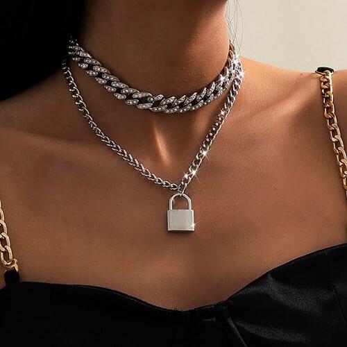 Vintage Multilevel Gold Silver Color Crystal Punk Thick Chain Lock Pendant Necklaces For Women Female Fashion Collar Jewelry