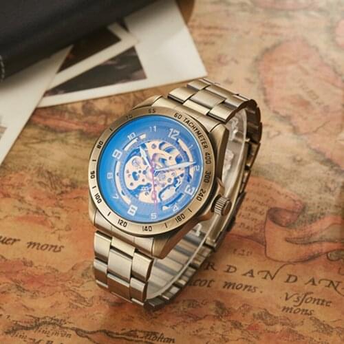 Gorben Stainless Steel Band Gold Skeleton Mechanical Watch Mens Watches Automatic Mechanical Business Clock Wrist Watch