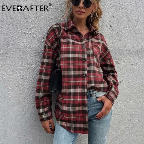 EVERAFTER Women Plaid Blouse Shirt Long Sleeve Button Up Tops And Blouse 2021 Autumn Fashion Loose Pocket Casual Shirt Female