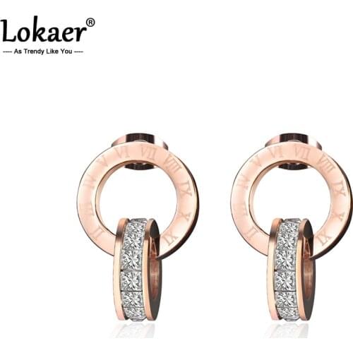Lokaer Rose Gold Shiny Cubic Zirconia Stud Earrings For Women Stainless Steel Roman Numeral Earring Jewelry Birthday Gift E17014