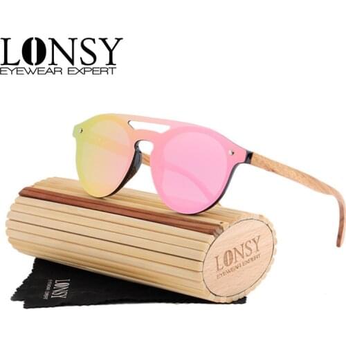 LONSY Retro Wood Sunglasses Men Bamboo Sunglass Women Brand Design Sport Goggles Pink Mirror Sun Glasses Polarized LS5030