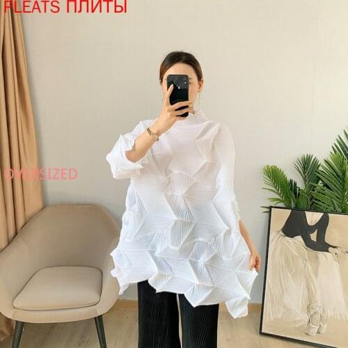 Miyake Pleated Diamond Pleated Top Summer New White Messy Pleated Wide Version T-shirt Loose Large Size Long PLEATS Shirt