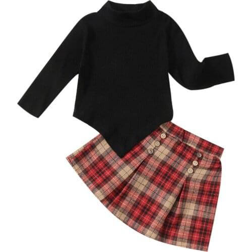 2021 1-6Y Fashion Kids Baby Girl Clothes Set Black Solid Long Sleeve Top Pullover+Button Plaid Print A-line Skirt Fall 2pcs