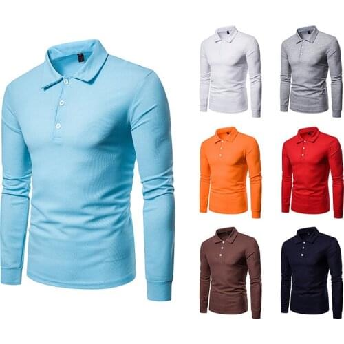 Mens Polo Shirt Long Sleeve Solid Color Turn Down Collar Pullover T-Shirt Casual Slim Type Tops