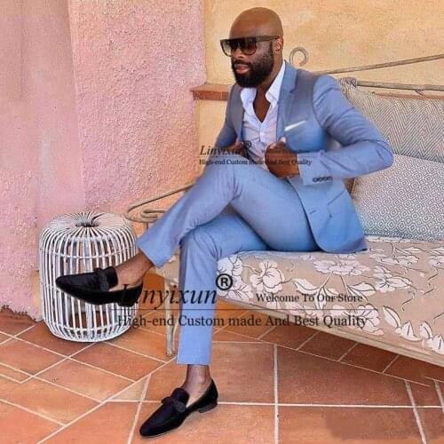 Men Blue Suits for Business Two Buttons Slim Fit Terno Masculino Prom Man Blazer Homecoming Party 2 Piece Costume Homme Mariage