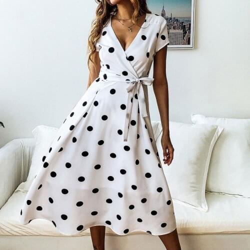 Elegant Women Summer Dresses Sexy Deep V Neck Dress Fashion Print Polka Dot Belt Slim Mid-length Dress Casual Vacation SunDress
