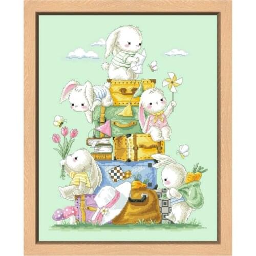 Rabbits' journey cross stitch package cute bunney 14ct light green canvas cotton thread embroidery DIY handmade needlework