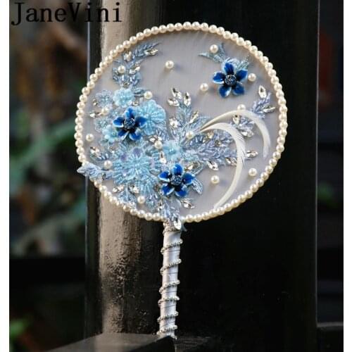 JaneVini Ice Blue Bride Fan Chinese Style Embroidery Feather Wedding Bouquet with Beading Crystal Pearl Bridal Fans Accessories