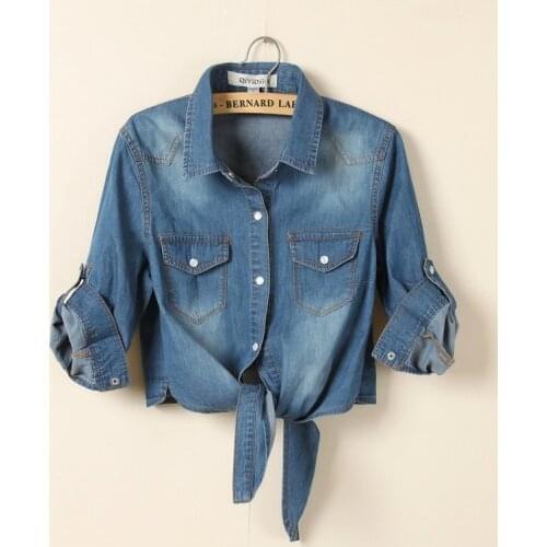 Thin Cowgirl Shirt Solid Lace Up Knot Fashion 3XL Mid Sleeve Denim Shirt Women Korean Style Wild Bright Line Short Top Plus Size