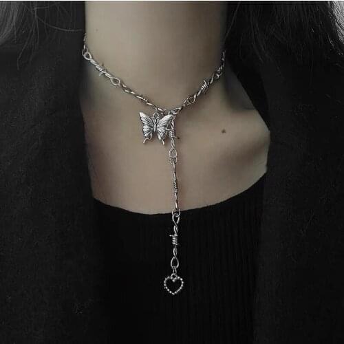 U-Magical 2021 Punk Style Butterfly Long Tassel Pendant Necklace for Women Asymmetry Chunky Heart Metal Necklace Jewelry Gifts