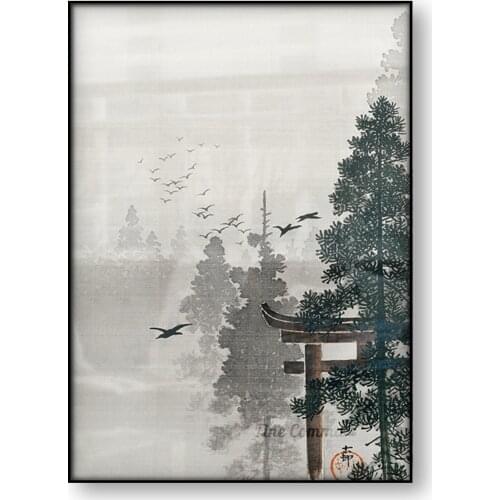 Vintage Japanese Art Poster Flock of Birds and Torii Gate in Pine Tree Forest Ohara Koson Woodblock Canvas Print Temple Wall Art
