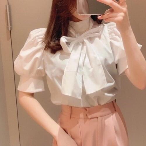Summer Elegant Puff Sleeve Solid Shirts Women Chic Belt Bow Design Blusas Mujer 2021 New Sweet Japan Style Casual Women Tops