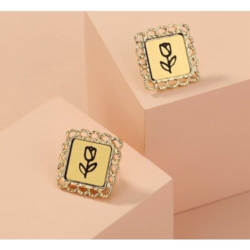 Simple Elegant Square Rose Flower Pattern Earring For Women Gold Color Stud Earrings Jewelry Accessories Gifts