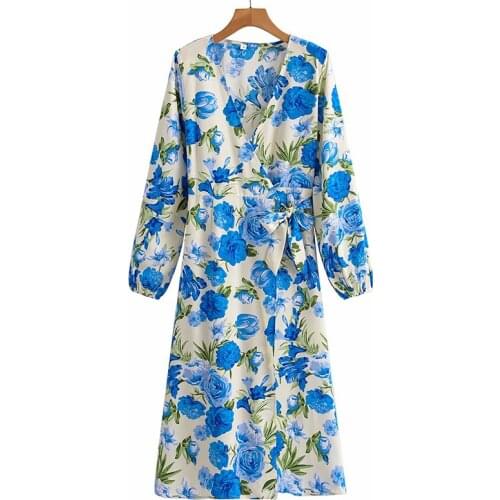 YENKYE Fashion 2021 Women Blue Flower Print Wrap Long Dress Female Cross V Neck A-line Casual Summer Dress Holiday Vestido