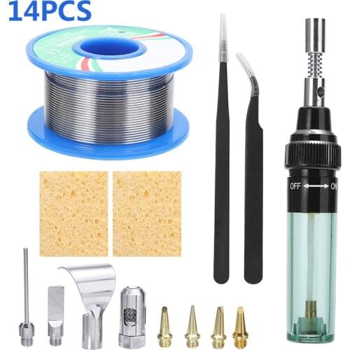 14pcs/set Gas Soldering Iron Electric Solder Gun Blow Torch Welding Tool DIY Cordless Gas Welding Gun Kit w/7pcs Soldering Tips