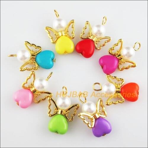 16 New Angel Charms Gold Color Mixed Solid Acrylic Heart Pendants 18x27mm