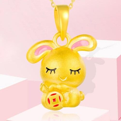 24K Yellow Gold Pendant 3D 999 Yellow Gold Cute Pink Bunny Necklace Pendant P6223