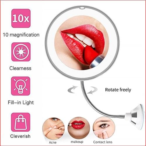 360 Degree Rotation 10X Magnifying LED Makeup Mirror Compact Suction Cup Folding Vanity Mirror with LED Light cosmetic Tools
