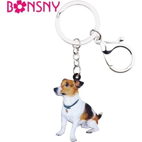 Bonsny Acrylic Sitting Jack Russell Terrier Dog Key Chains Keyrings Lovely Jewelry For Women Girl Ladies Handbag Charms Bulk Pet