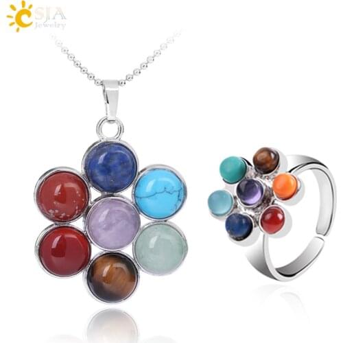 CSJA 7 Chakra Natural Stone Pendant Necklaces Rings Set Flowers Yoga Healing Point Charm Reiki Jewelry Sets for Women Girl E389