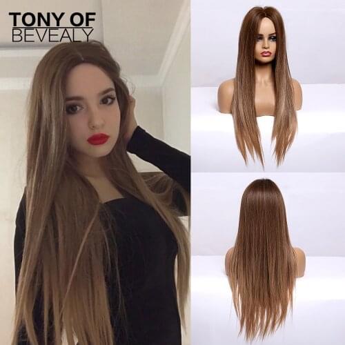 Long Straight Ombre Brown Synthetic Hair Wigs Middle Part Heat Resistant Fiber Wigs for Women Daily Cosplay Fashion Natural Wigs