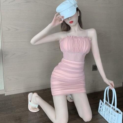 CMAZ Korean Summer Dress For Women Fashion Sleeveless Sling Dress High Waist Sexy Pink Mini Dress Female Bodycon Party Dress