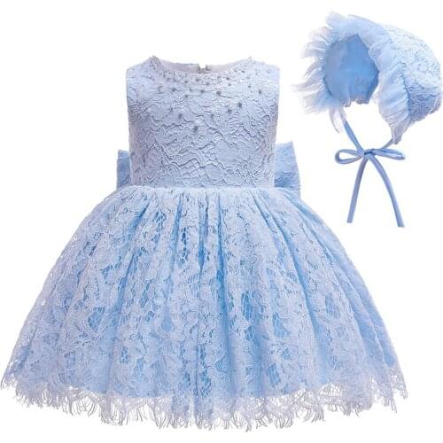 Hetiso White Blue Lace Baby Girls Dresses with Hat Beads Infant Christening Wear Summer Baby First Party Dress 3M-4T