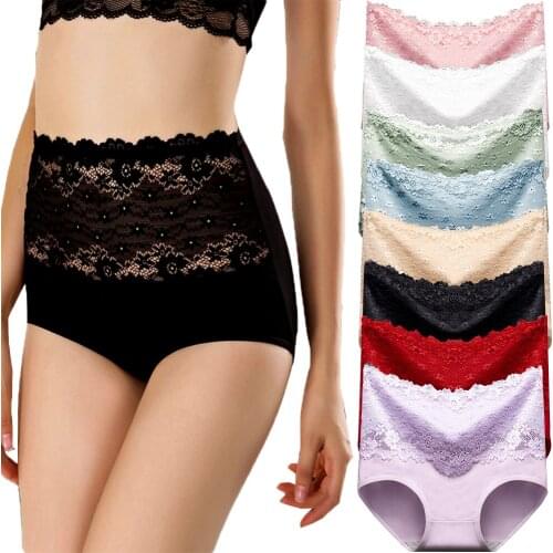 Cotton woman underwear high waisthip lift tighten abdomen flower edge large stretch Panties female lingerie triangle pants