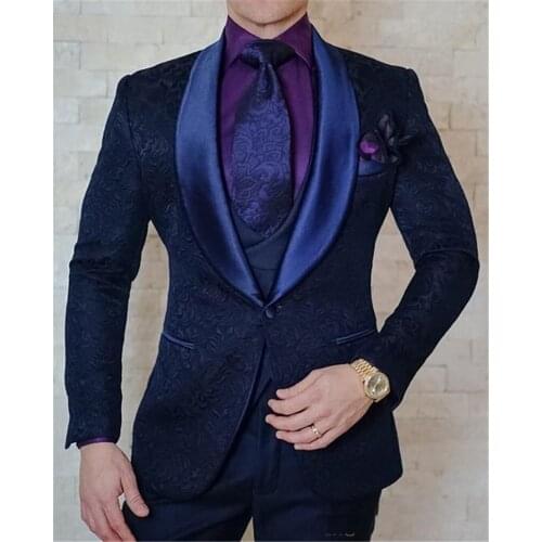 Tailored Navy Blue Paisley Floral Tuxedo For Men Wedding Suits Slim Fit Custom Made Prom Blazer Terno Masculino