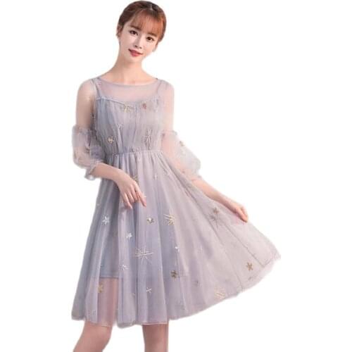 2Pcs/Set Embroidery Stars Lolita Style Mesh Club Geometric Sequined Knee-Length Lantern Sleeve Cocktail Dresses Coctail