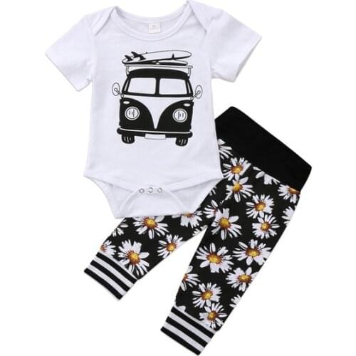 Infant Baby Girls Clothes Suits Cartoon Car Print Tops White Romper Black Floral Striped Pants Vogue Bebe Kids Clothing Sets